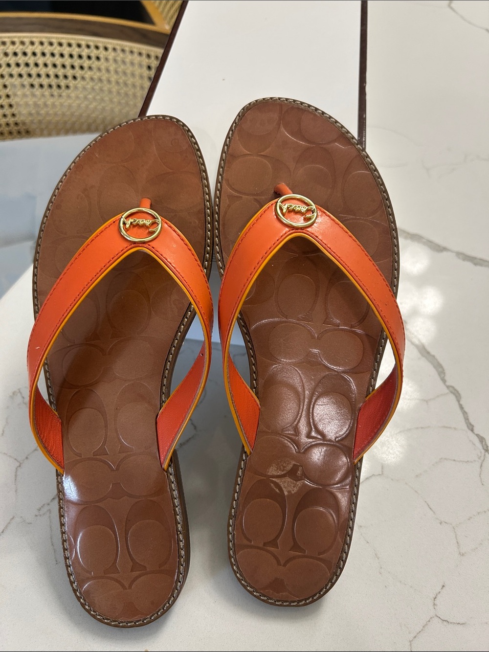 Coach Orange and Brown Leather Thong Sandals
